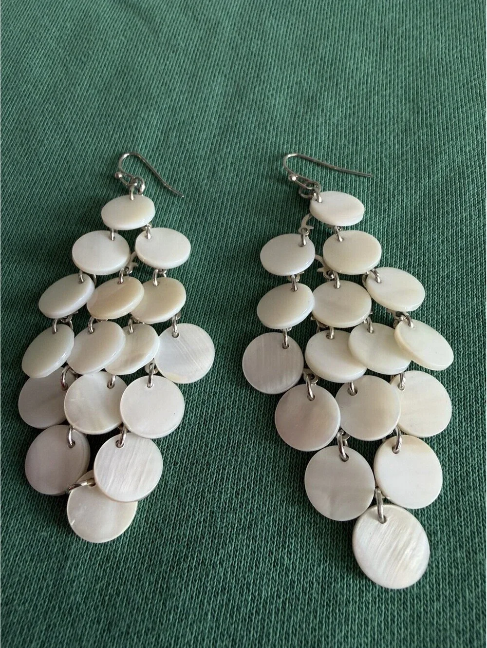 Boho Mother of Pearl Layered Shell Disc Dangle Earrings Silver Tone